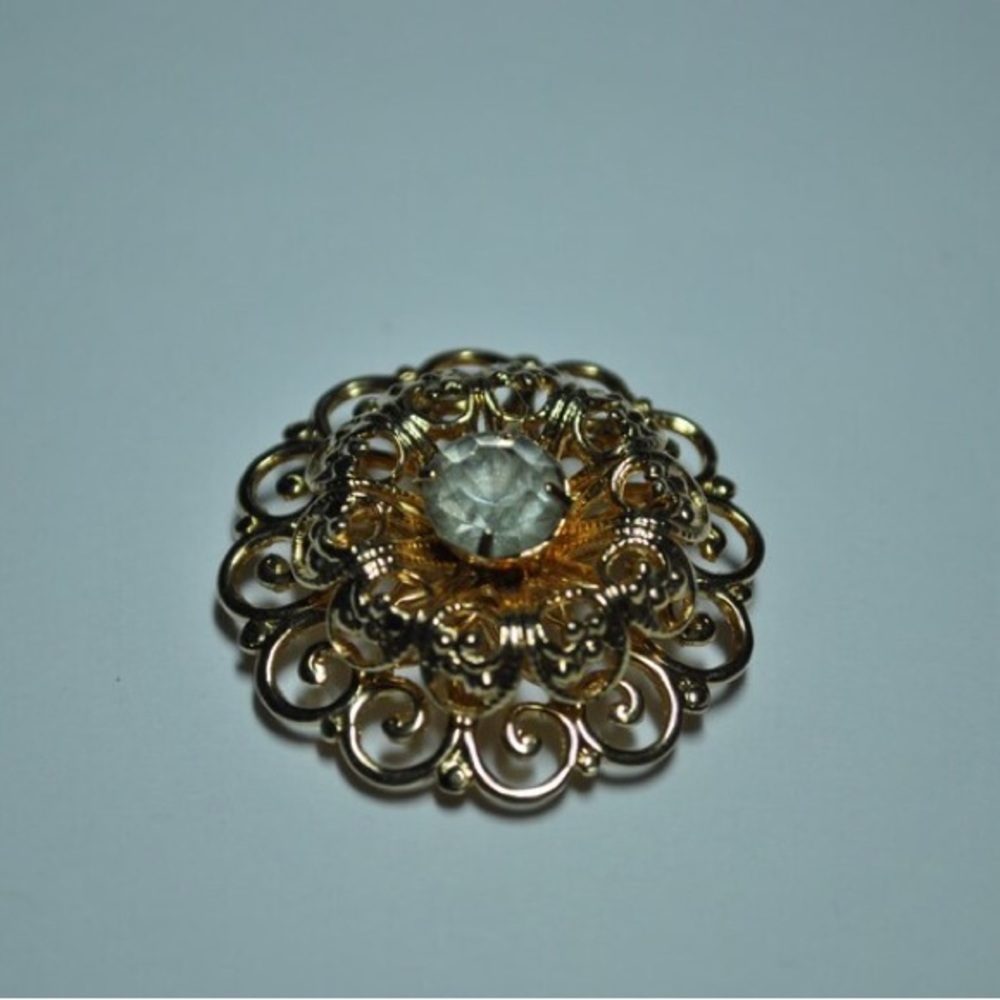 Signed Coro Gold Tone Clear Rhinestone Brooch